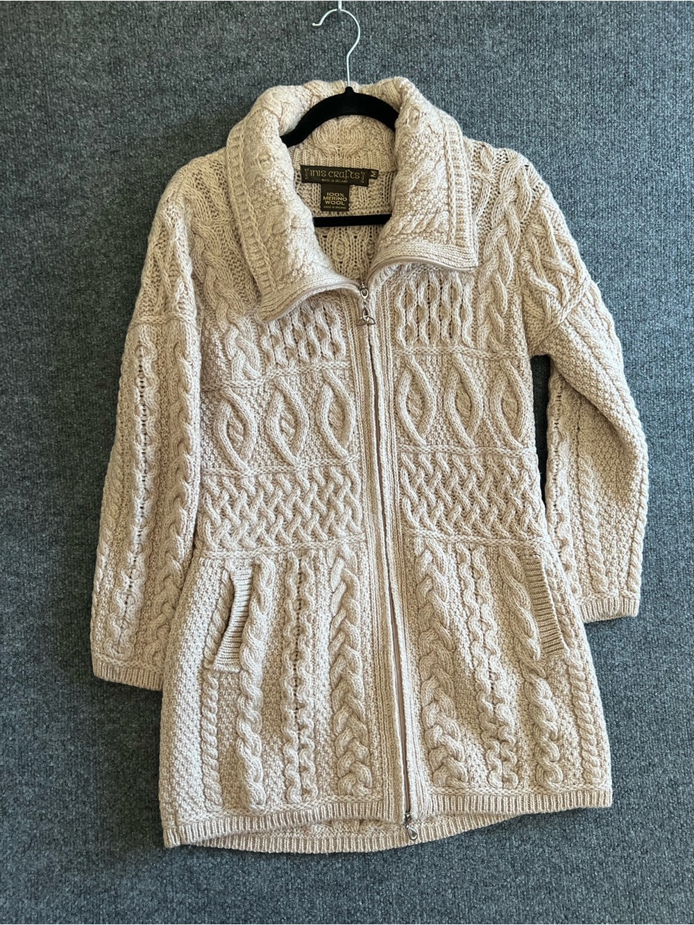 Inis Crafts Ireland 100% Merino Wool Cable Knit Long Cardigan Sweater Medium Zip